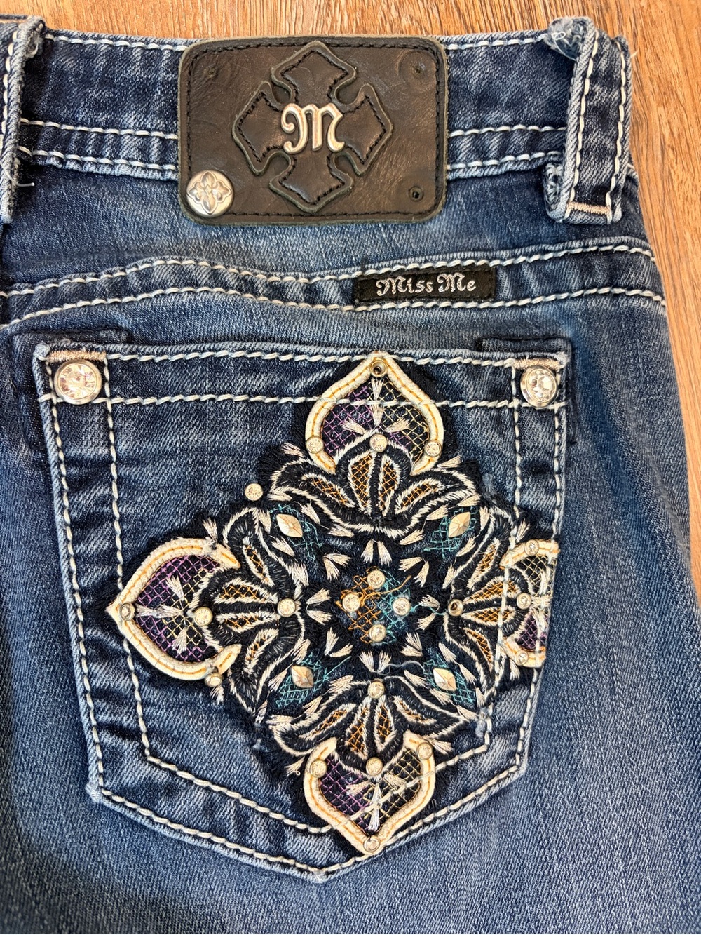 Miss Me Blue Boot Cut Jeans with Embroidered Jeweled Pocket